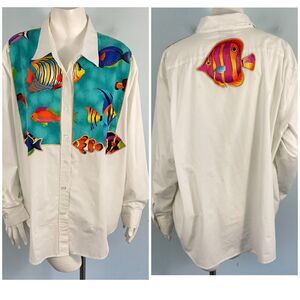 The Quacker Factory Plus 2X Tropical Fish Button Down Shirt Arsty Preppy Boho